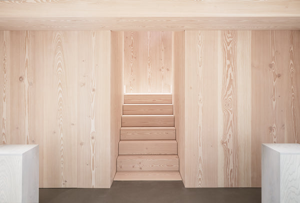Perfectly balanced image of a wooden stairway framed by wooden walls by Dinesen