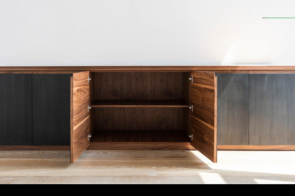 An open wooden console with black leather inlays by Studio Zung 